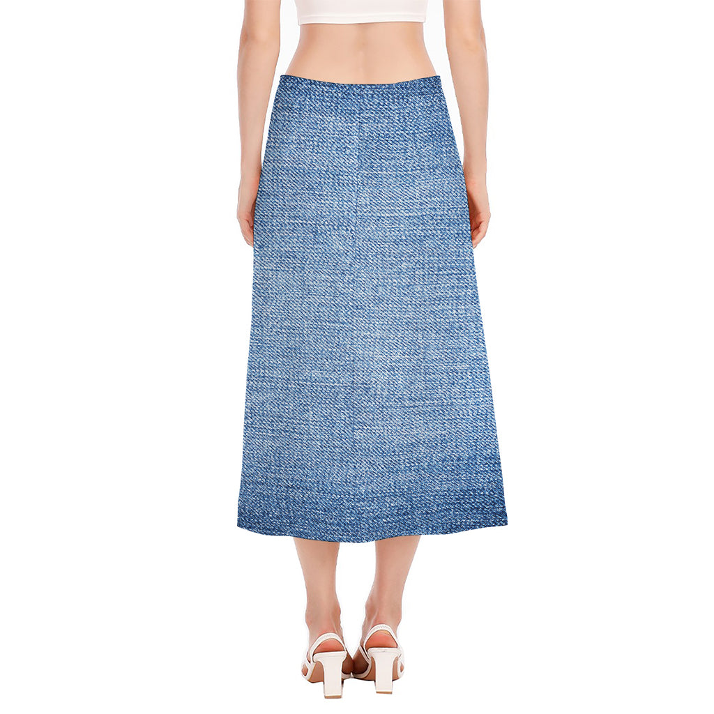 Classic Blue Denim Jeans Print Side Slit Midi Skirt