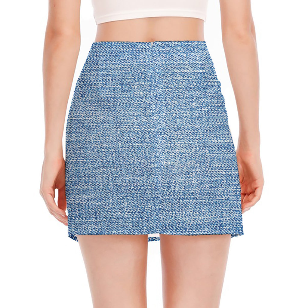 Classic Blue Denim Jeans Print Side Slit Mini Skirt