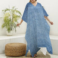 Classic Blue Denim Jeans Print Silk V-Neck Kaftan Dress