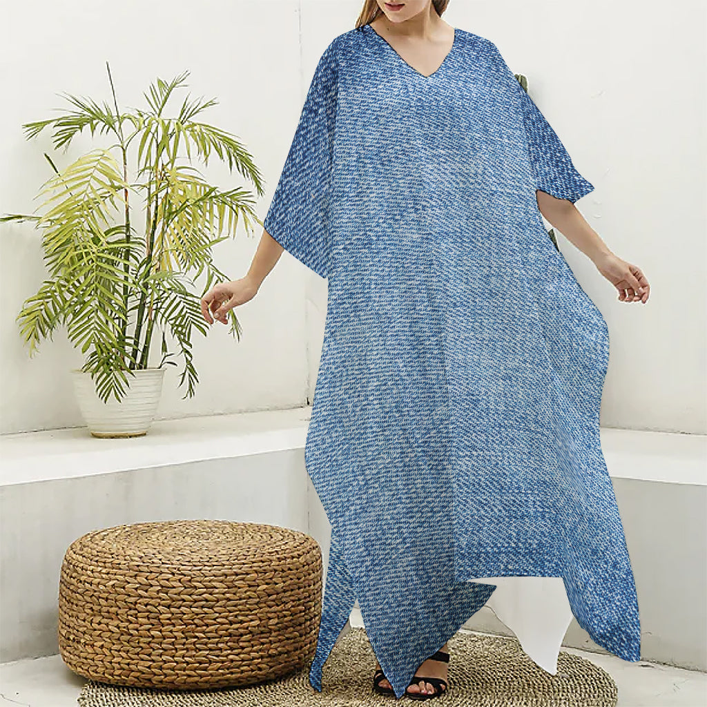 Classic Blue Denim Jeans Print Silk V-Neck Kaftan Dress