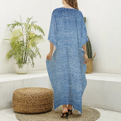 Classic Blue Denim Jeans Print Silk V-Neck Kaftan Dress