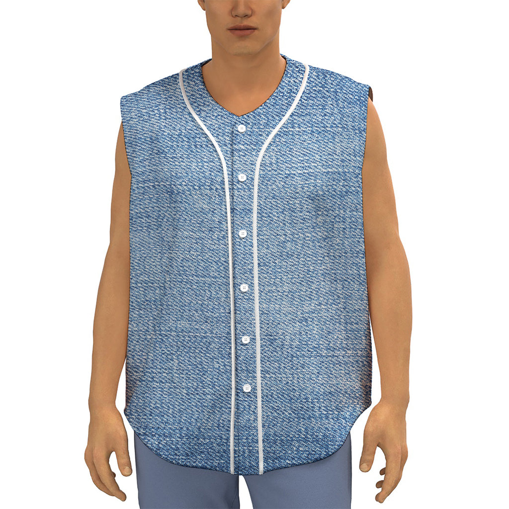 Classic Blue Denim Jeans Print Sleeveless Baseball Jersey