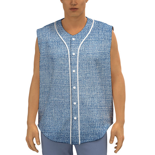 Classic Blue Denim Jeans Print Sleeveless Baseball Jersey