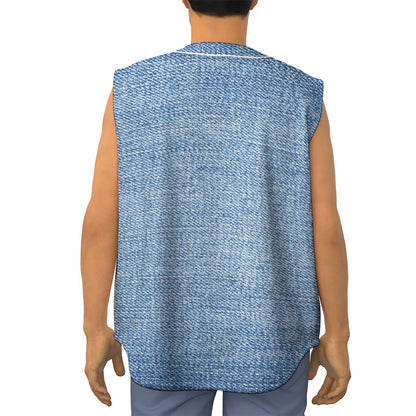 Classic Blue Denim Jeans Print Sleeveless Baseball Jersey