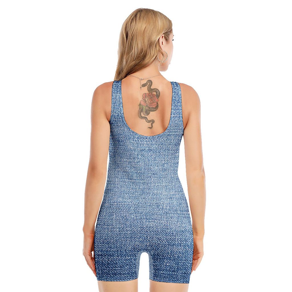 Classic Blue Denim Jeans Print Sleeveless One Piece Swimsuit