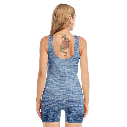 Classic Blue Denim Jeans Print Sleeveless One Piece Swimsuit