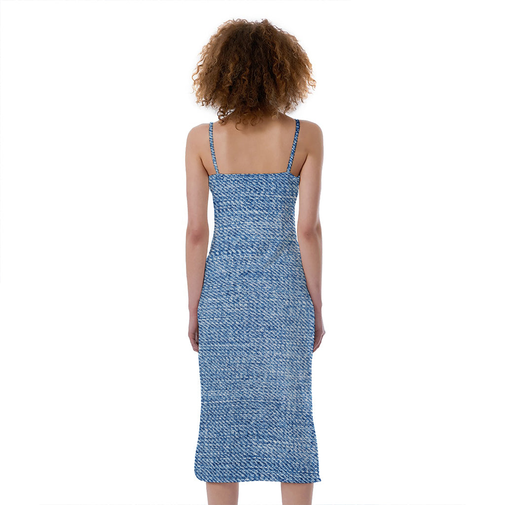 Classic Blue Denim Jeans Print Slim Fit Midi Cami Dress