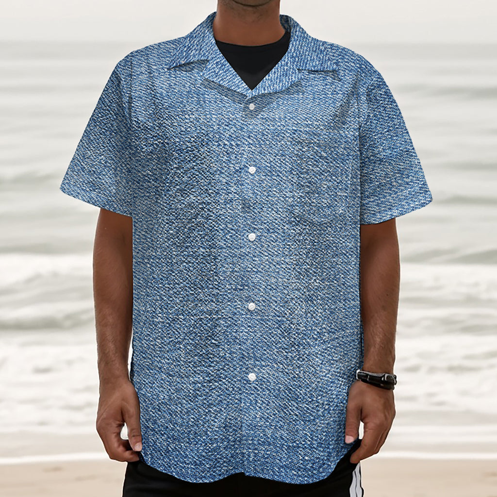 Classic Blue Denim Jeans Print Textured Short Sleeve Shirt