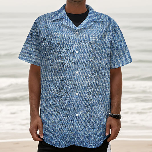 Classic Blue Denim Jeans Print Textured Short Sleeve Shirt