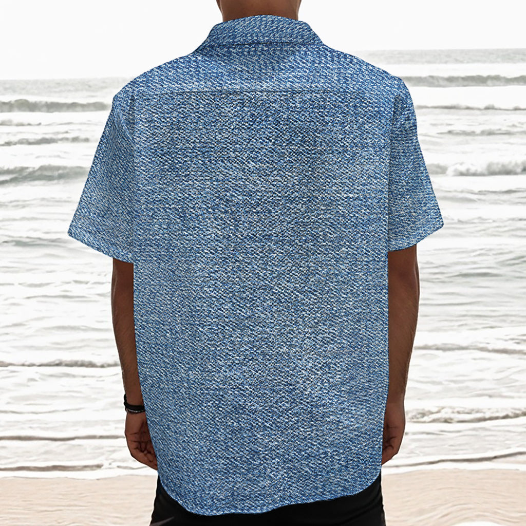 Classic Blue Denim Jeans Print Textured Short Sleeve Shirt