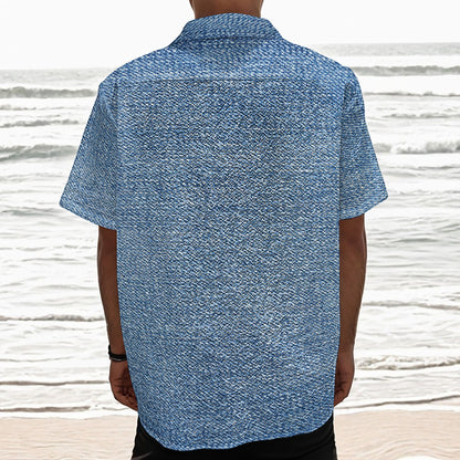 Classic Blue Denim Jeans Print Textured Short Sleeve Shirt