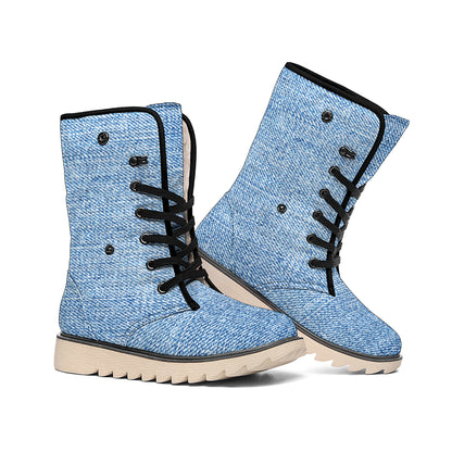 Classic Blue Denim Jeans Print Winter Boots
