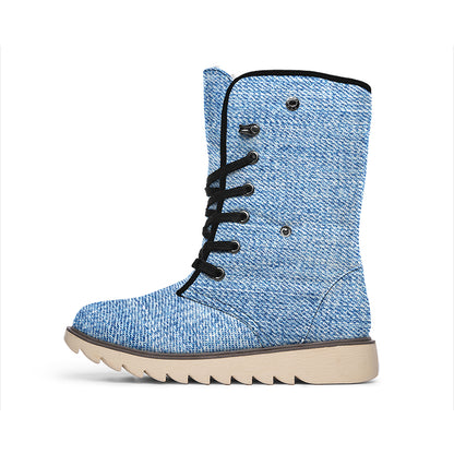 Classic Blue Denim Jeans Print Winter Boots