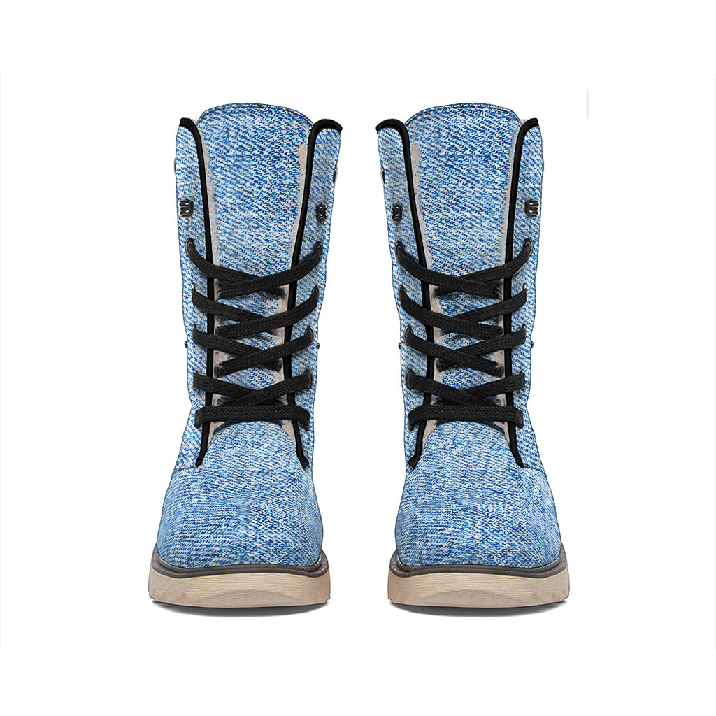 Classic Blue Denim Jeans Print Winter Boots