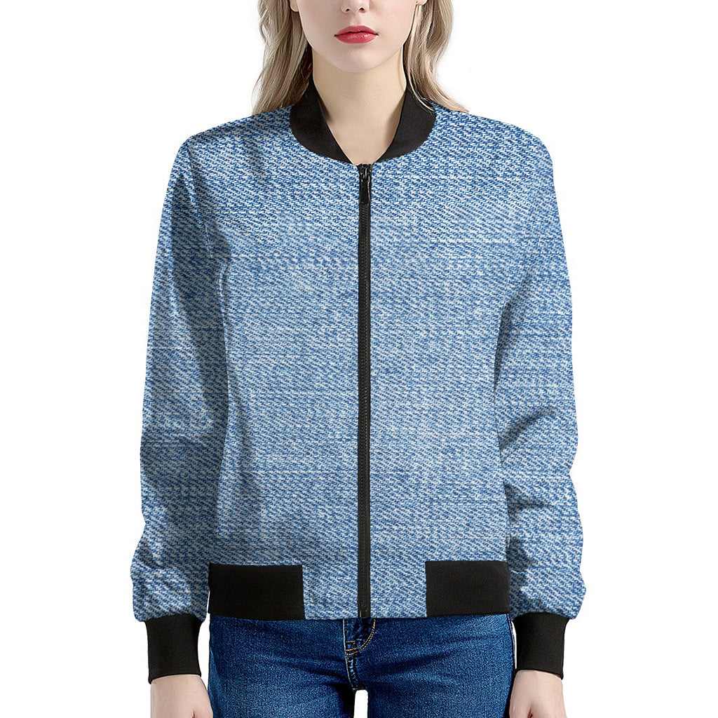Classic Blue Denim Jeans Print Women's Bomber Jacket