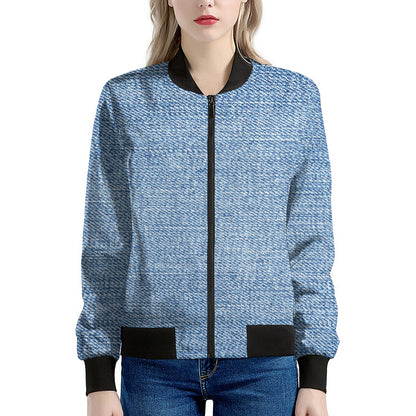 Classic Blue Denim Jeans Print Women's Bomber Jacket