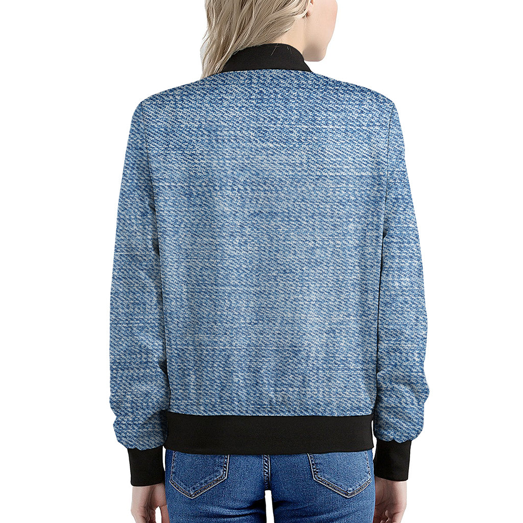 Classic Blue Denim Jeans Print Women's Bomber Jacket