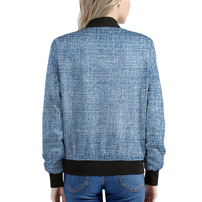 Classic Blue Denim Jeans Print Women's Bomber Jacket