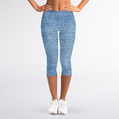 Classic Blue Denim Jeans Print Women's Capri Leggings
