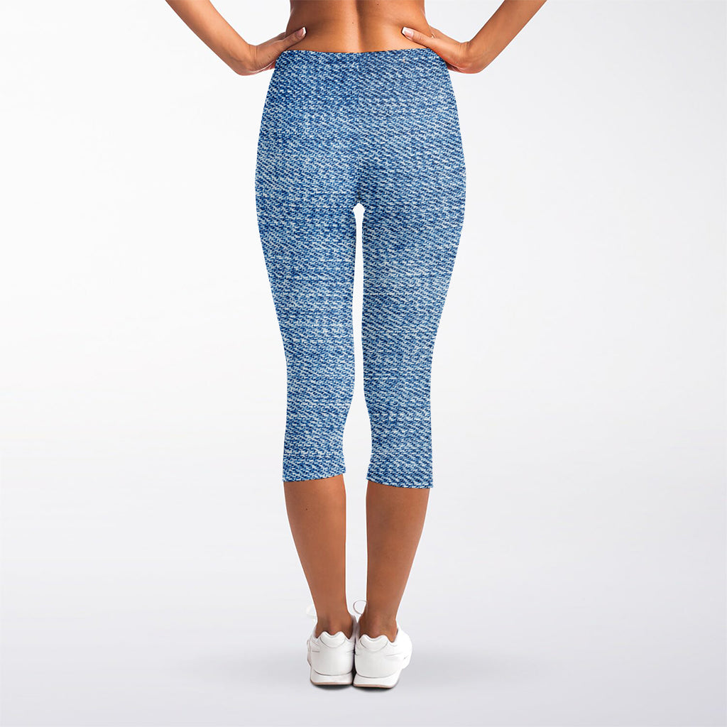 Classic Blue Denim Jeans Print Women's Capri Leggings