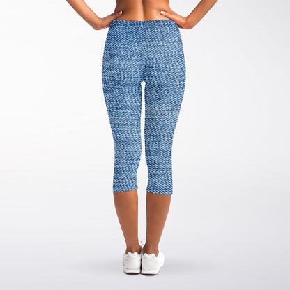 Classic Blue Denim Jeans Print Women's Capri Leggings