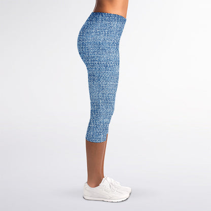 Classic Blue Denim Jeans Print Women's Capri Leggings