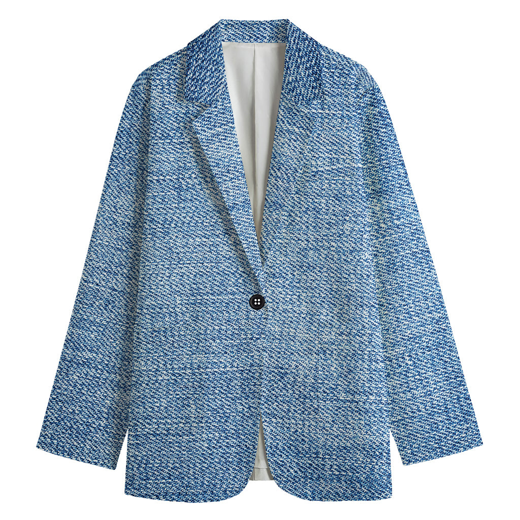 Classic Blue Denim Jeans Print Women's Cotton Blazer