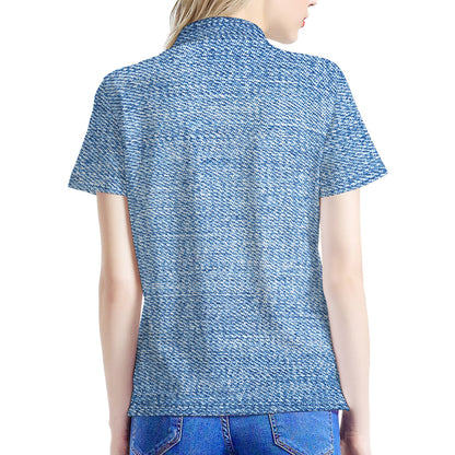 Classic Blue Denim Jeans Print Women's Polo Shirt