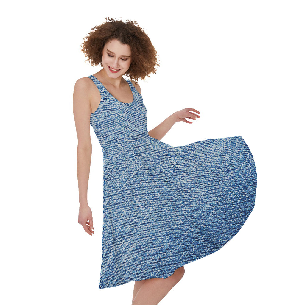 Classic Blue Denim Jeans Print Women's Sleeveless Dress