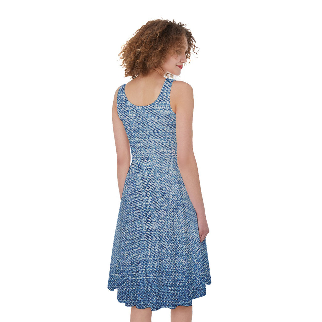 Classic Blue Denim Jeans Print Women's Sleeveless Dress