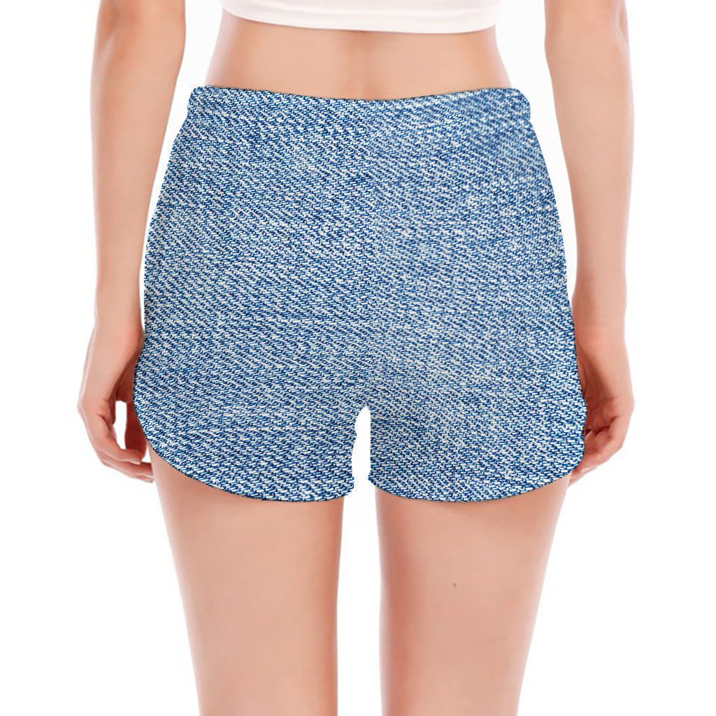 Classic Blue Denim Jeans Print Women's Split Running Shorts