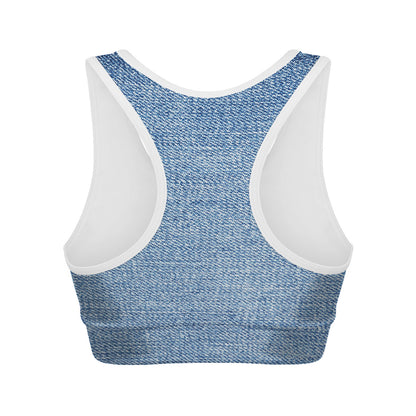 Classic Blue Denim Jeans Print Women's Sports Bra