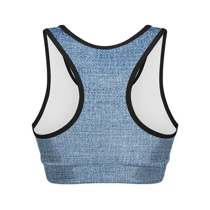 Classic Blue Denim Jeans Print Women's Sports Bra