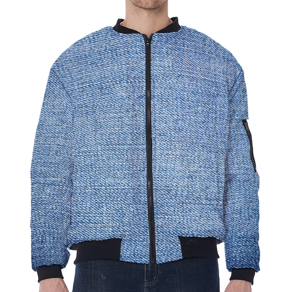 Classic Blue Denim Jeans Print Zip Sleeve Bomber Jacket