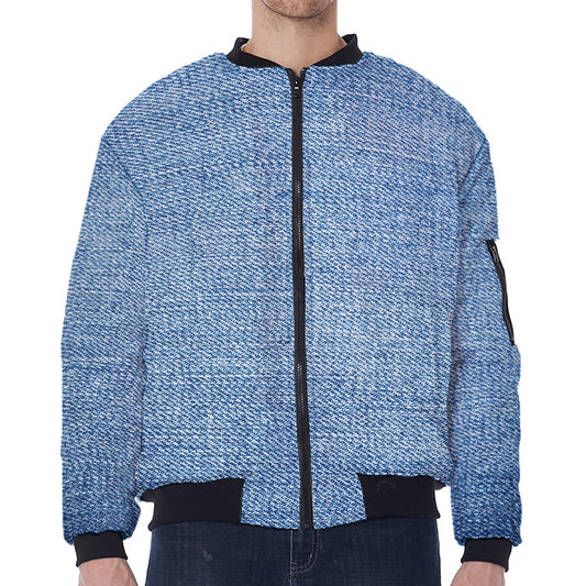 Classic Blue Denim Jeans Print Zip Sleeve Bomber Jacket