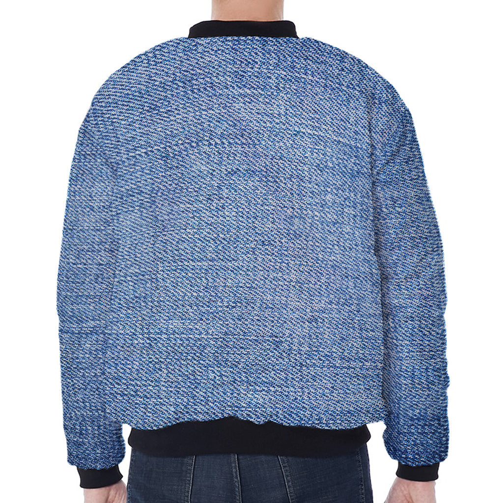 Classic Blue Denim Jeans Print Zip Sleeve Bomber Jacket