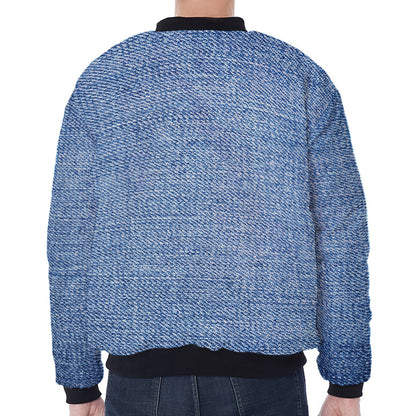Classic Blue Denim Jeans Print Zip Sleeve Bomber Jacket