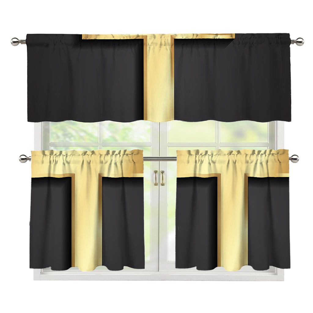 Classic Golden Cross Print 3 Piece Kitchen Curtains