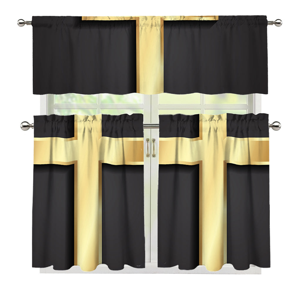 Classic Golden Cross Print 3 Piece Kitchen Curtains
