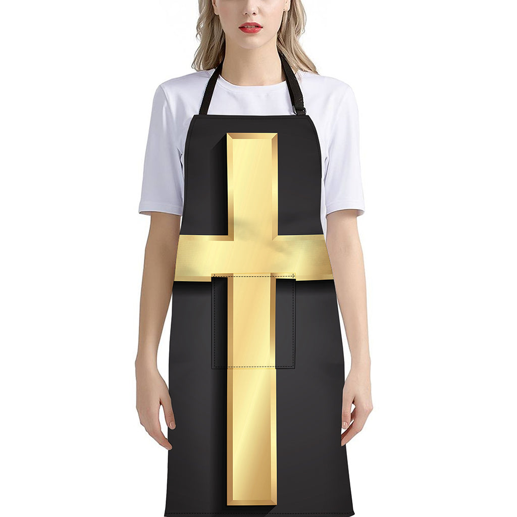 Classic Golden Cross Print Bib Apron With Pocket