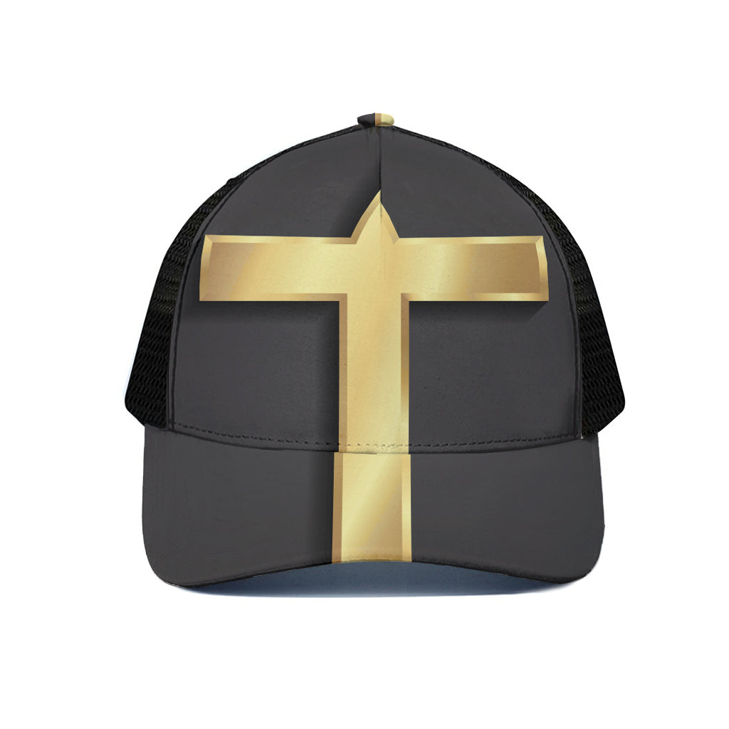 Classic Golden Cross Print Black Mesh Trucker Cap