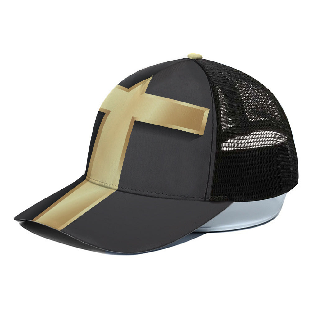 Classic Golden Cross Print Black Mesh Trucker Cap