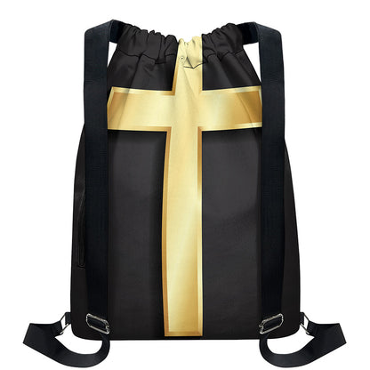 Classic Golden Cross Print Drawstring Backpack