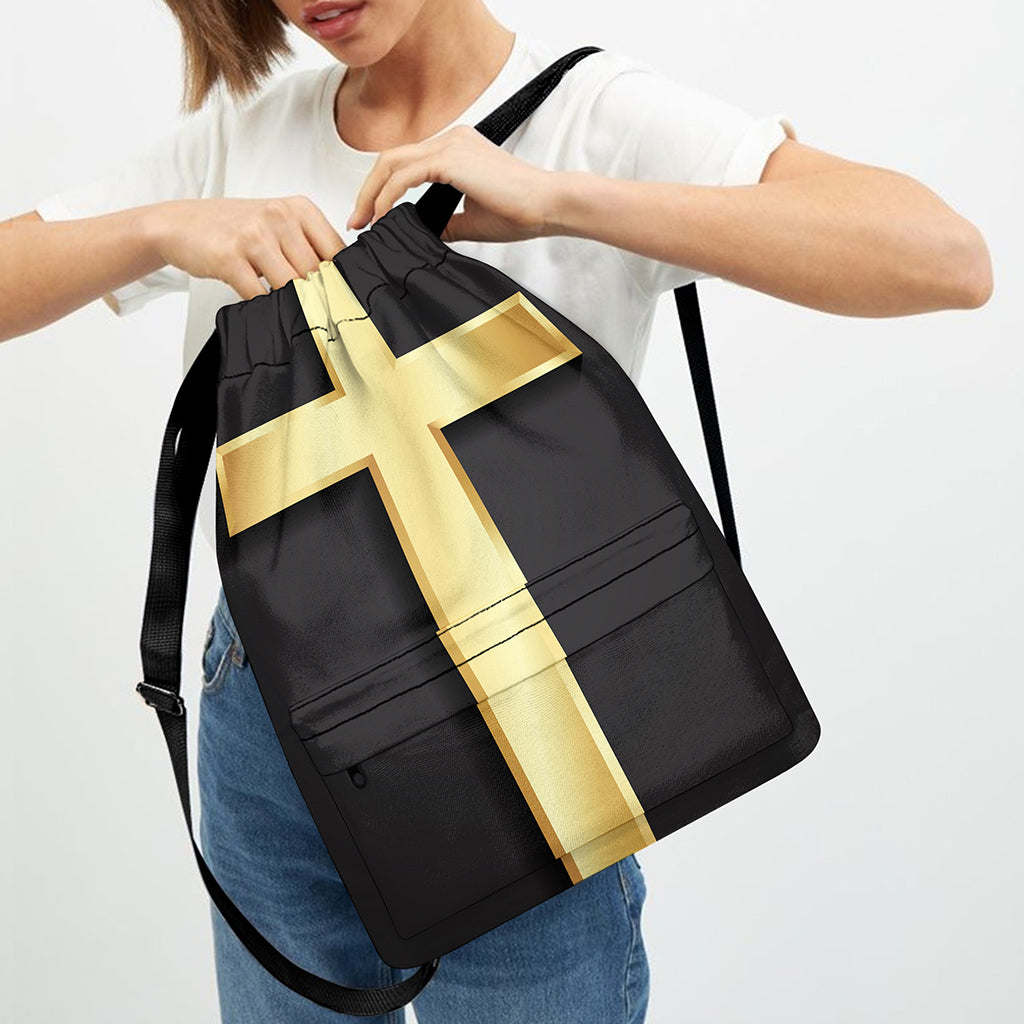 Classic Golden Cross Print Drawstring Backpack