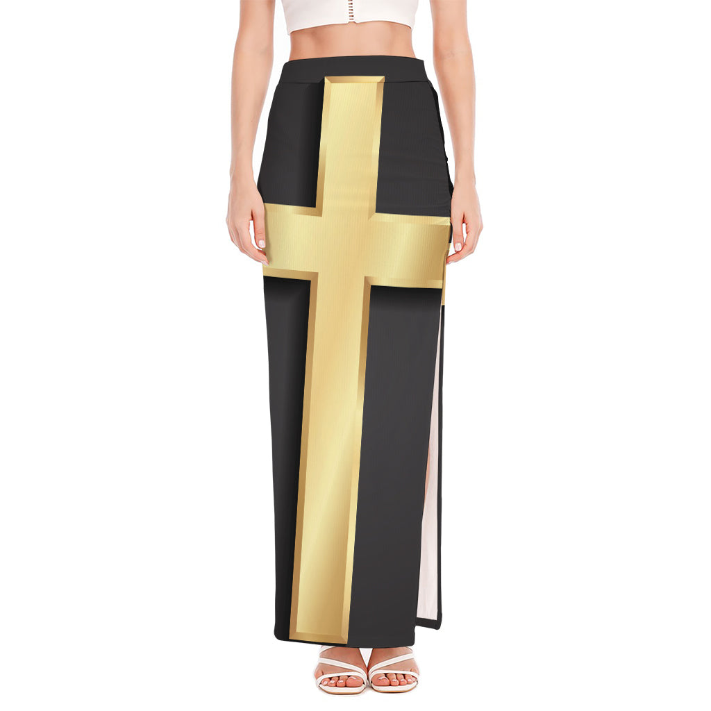 Classic Golden Cross Print High Slit Maxi Skirt