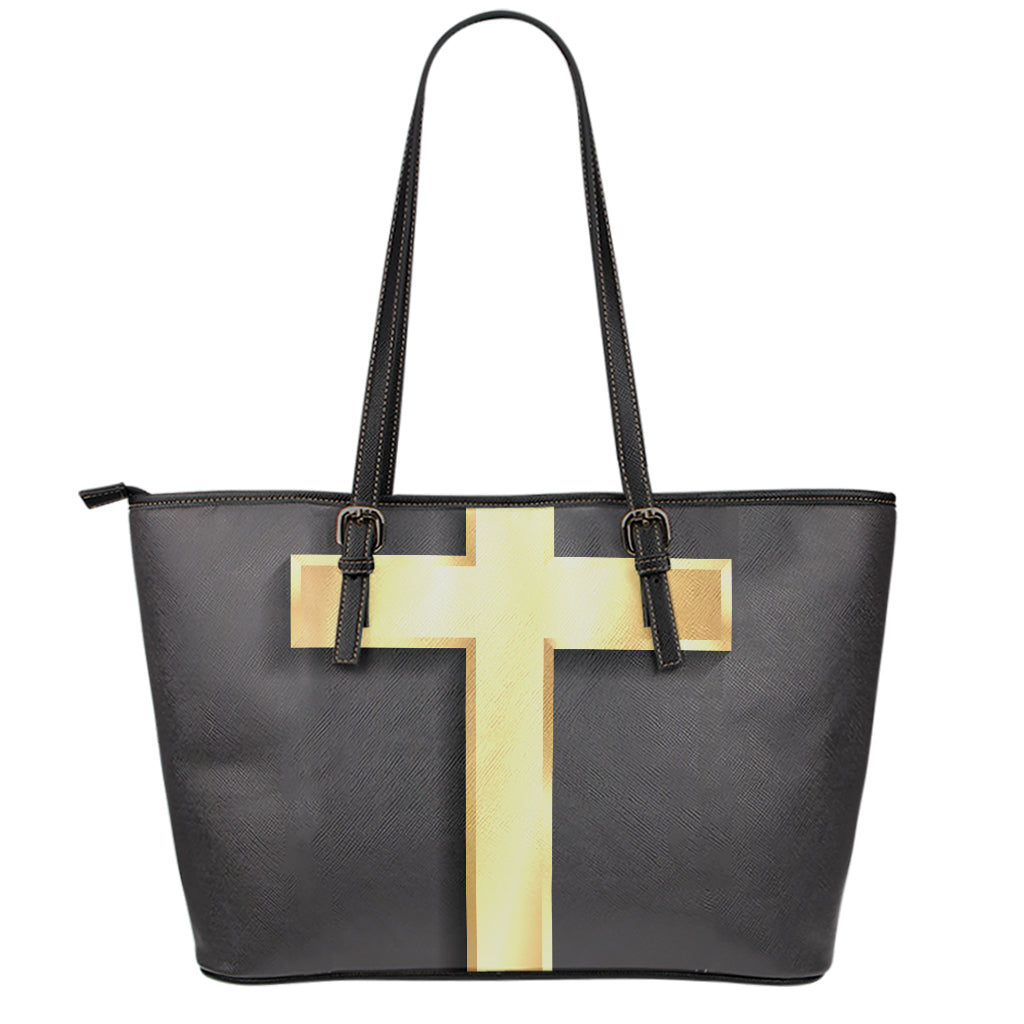 Classic Golden Cross Print Leather Tote Bag