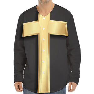 Classic Golden Cross Print Long Sleeve Baseball Jersey