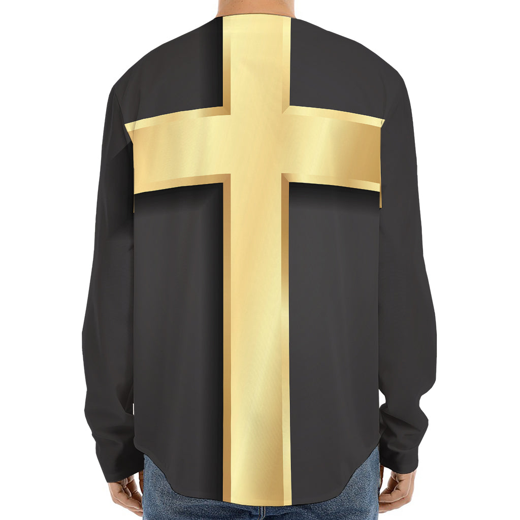 Classic Golden Cross Print Long Sleeve Baseball Jersey