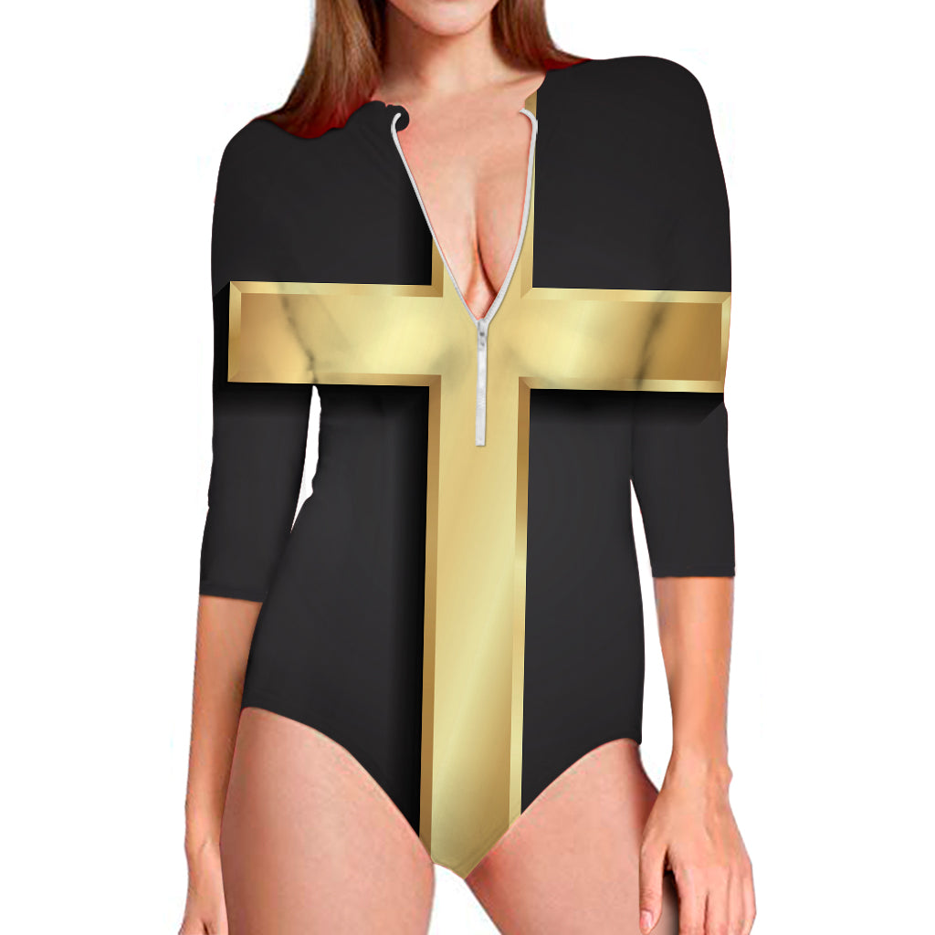 Classic Golden Cross Print Long Sleeve Swimsuit