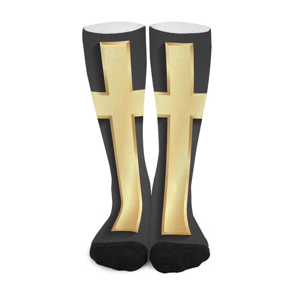 Classic Golden Cross Print Long Socks